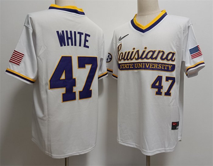 Men's LSU Tigers #47 Tommy White White Stitched Jersey